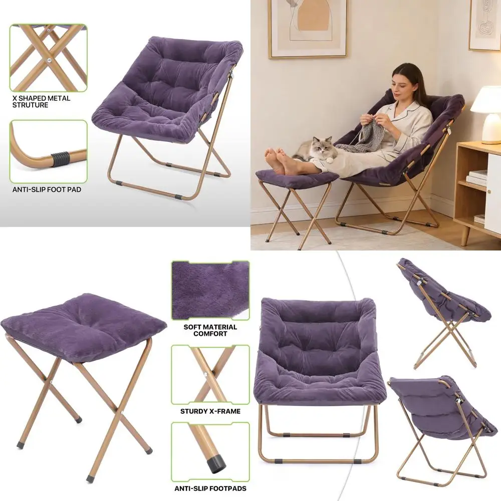 

Purple Foldable Reading Chair and Ottoman Set for Living Room, Bedroom Relaxation
