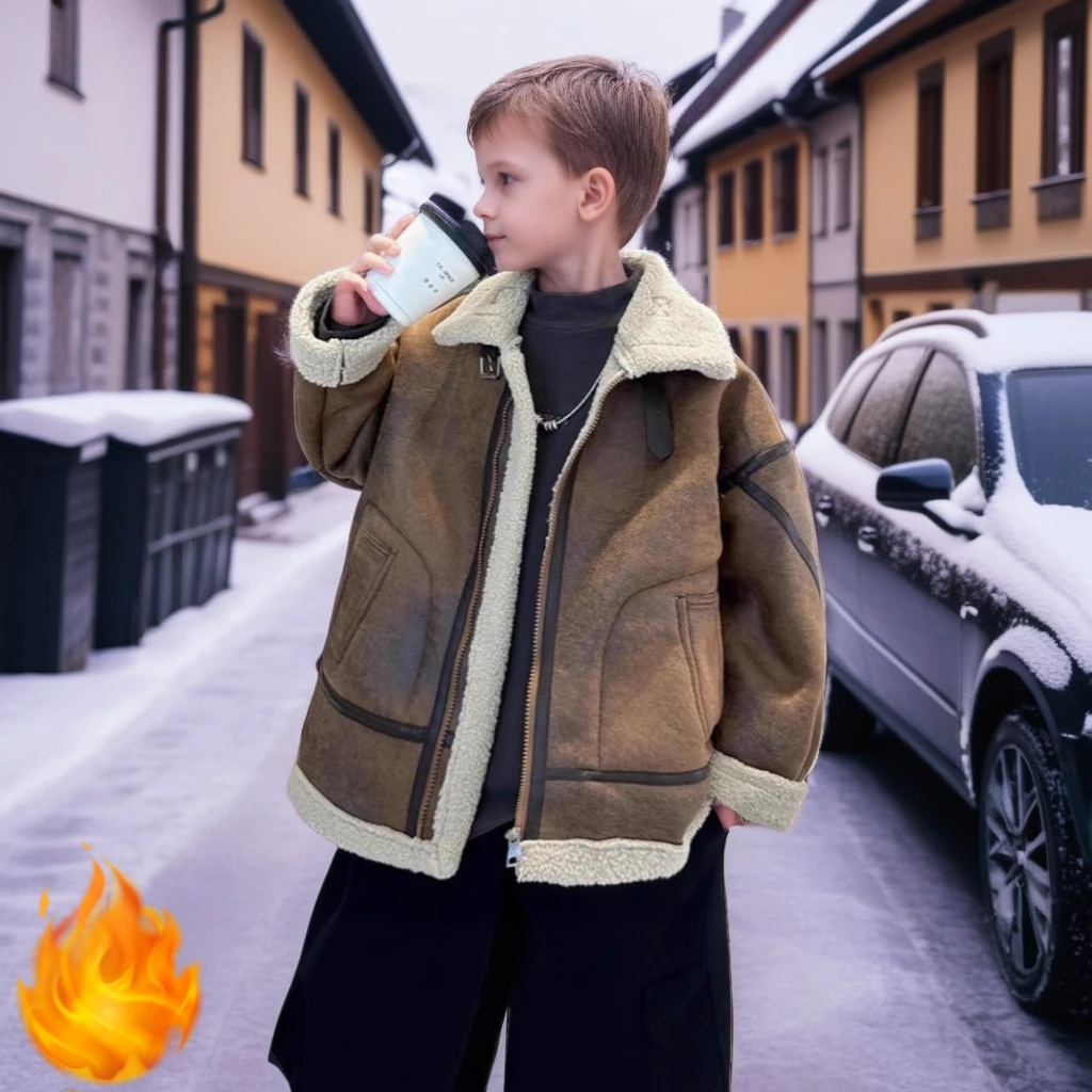 

Kids Suede Shearling Jacket Boys Girls Faux Fur Lined Coat Warm Winter Lambswool Trucker Jacket Toddler Children Outerwear 10 Y