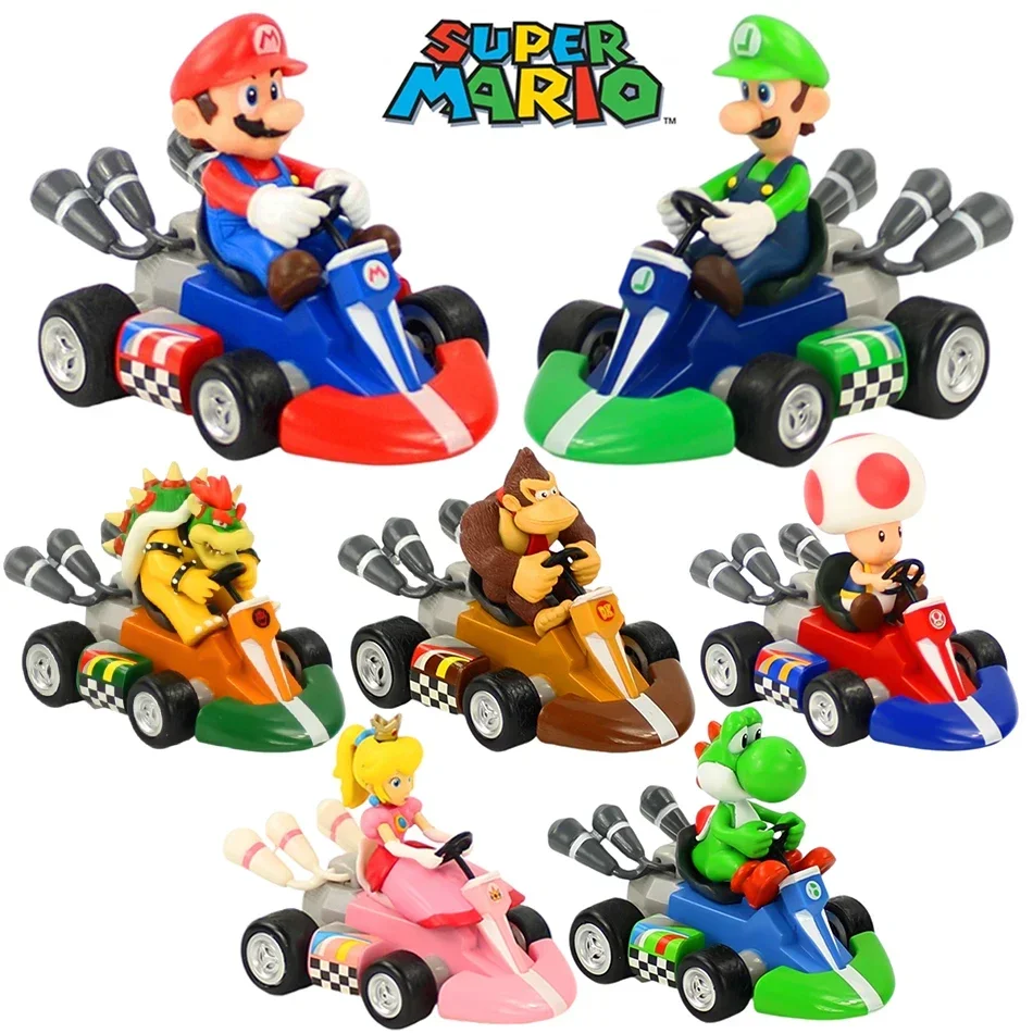 In Stock 12cm Anime Super Mario Pull Back Car Green Yoshi Donkey Kong Bowser Luigi Toad Princess Figure Toy PVC Model Doll Gift