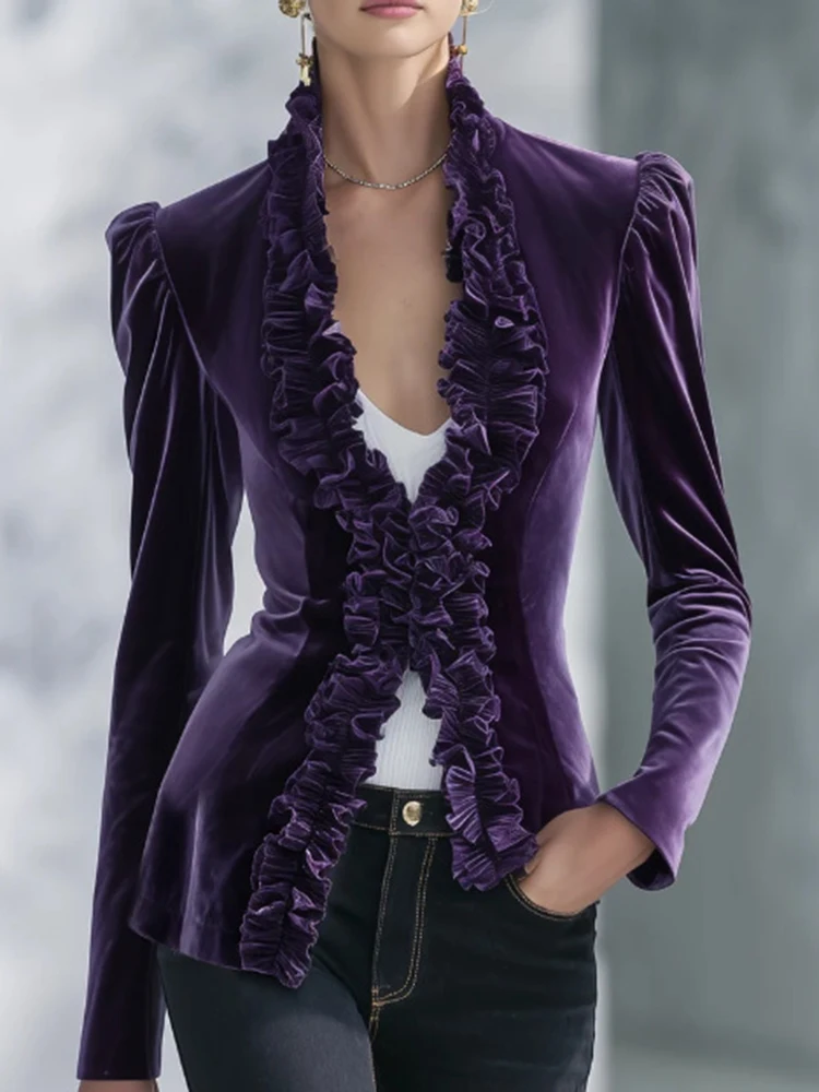 Elegant Long Sleeve V-neck Commute Short Coat Lady Solid Color Simple Hollow Out Overcoat Vintage Velvet Ruffle Edge Slim Jacket