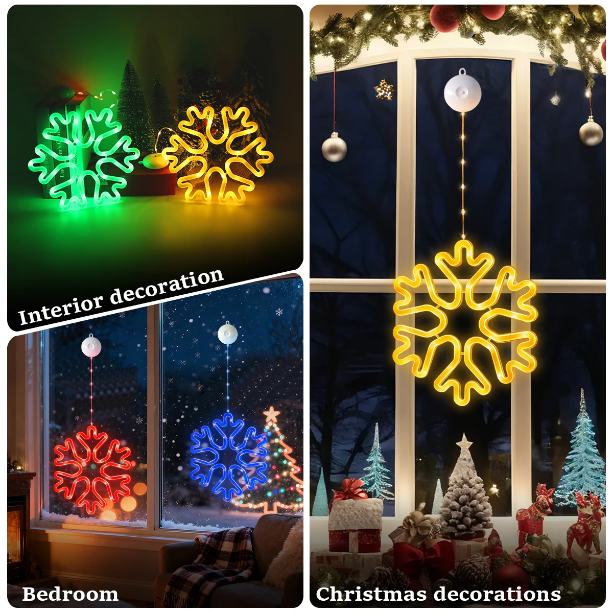 4/2/1 قطعة RGB/ضوء ندفة الثلج LED أبيض دافئ - نافذة متغيرة الألوان وديكور معلق على الحائط مع كوب شفط، لعيد الميلاد،