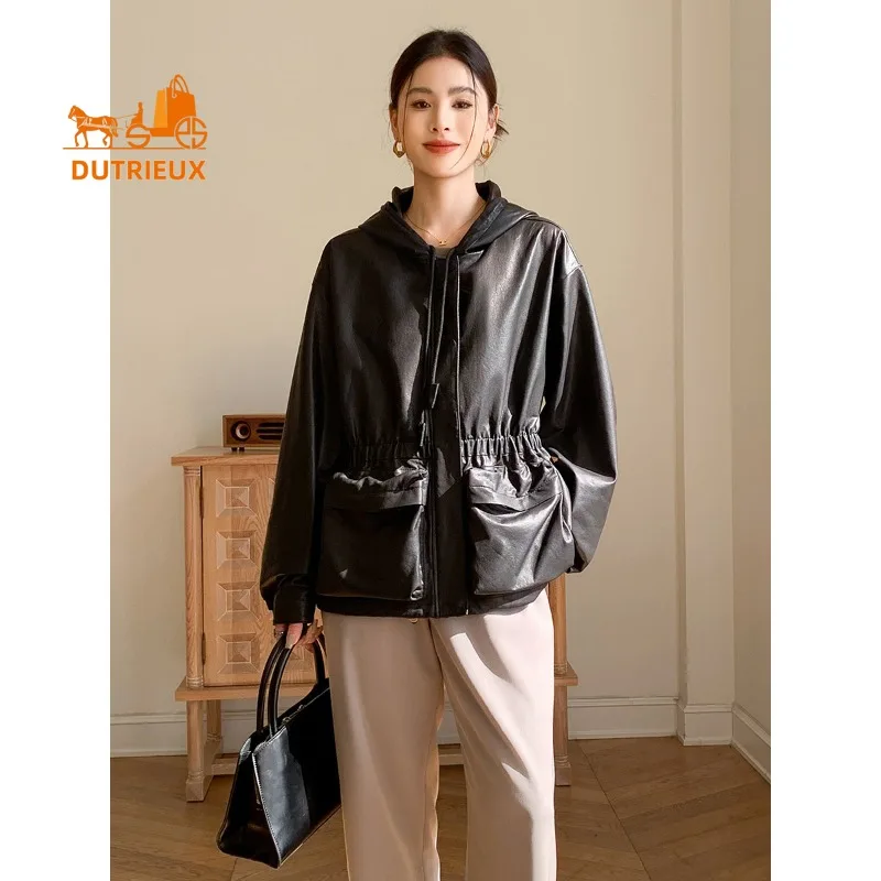 Nueva chaqueta de cuero genuino con capucha de otoño e invierno para mujer, 100% piel de oveja auténtica, abrigo corto suelto elegante de moda para mujer