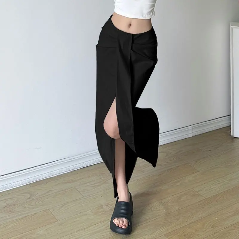 Designed Pleated Skirt Low Waist Irregular Split Solid Spice Maxi Skirt Women Sexy Long Bodycon Skirts Summer Spring All Season