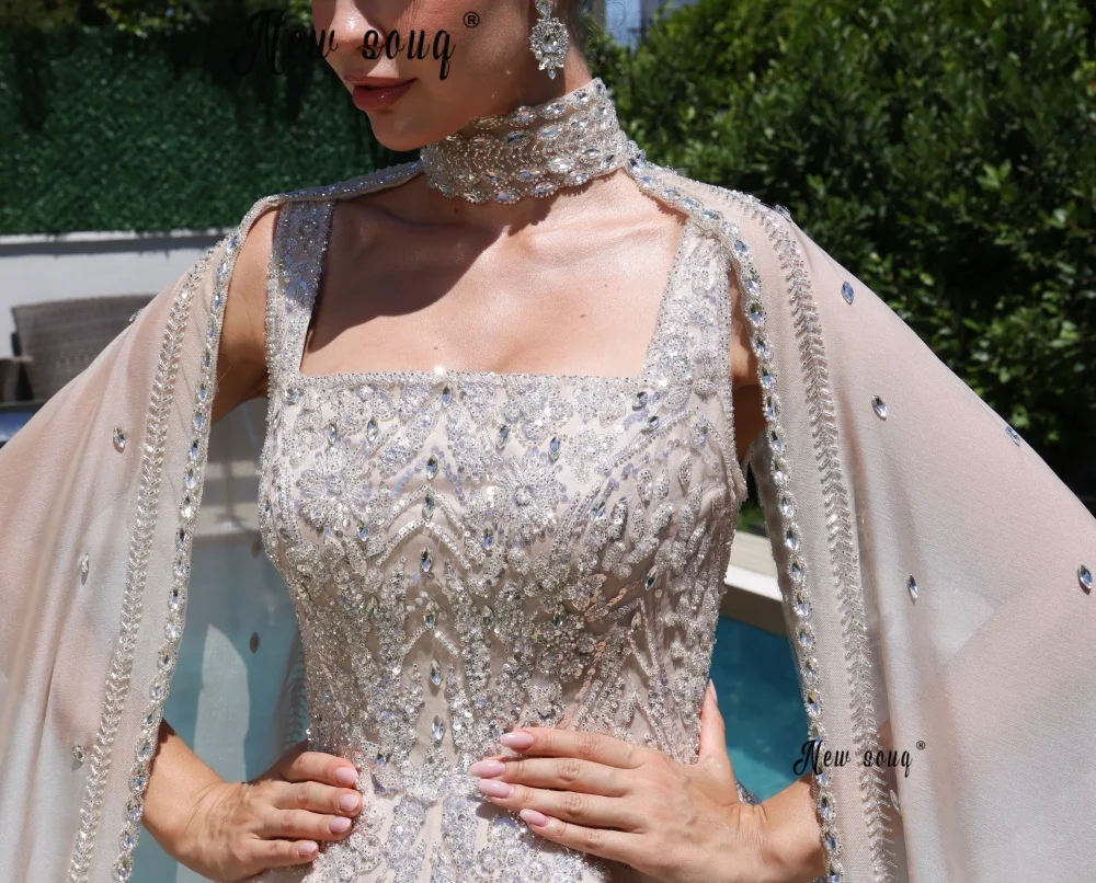 Two Pieces Beading Applique Wedding Dress With Long Cape Sleeves Customized Dubai Crystals Bridal Gowns A Line Puffy Princess - view 2