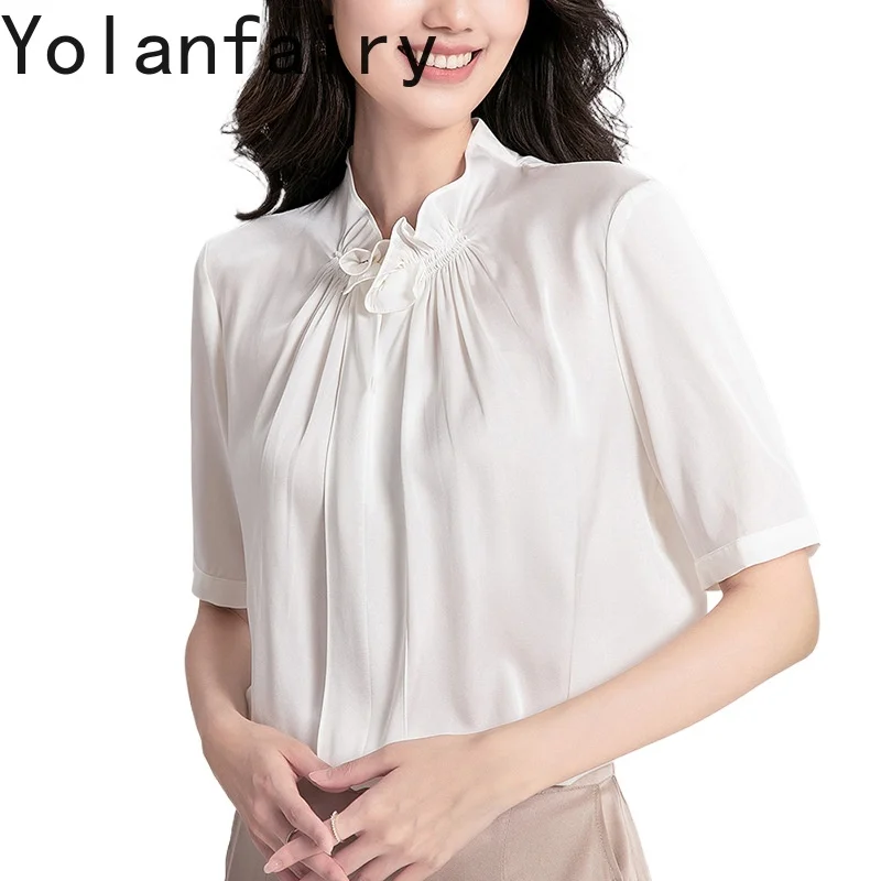YOLANFAIRY High Quality 100% Real Mulberry Silk T Shirts for Woman Summer Clothes Elegant White Top Women's Korean Fashion Tees