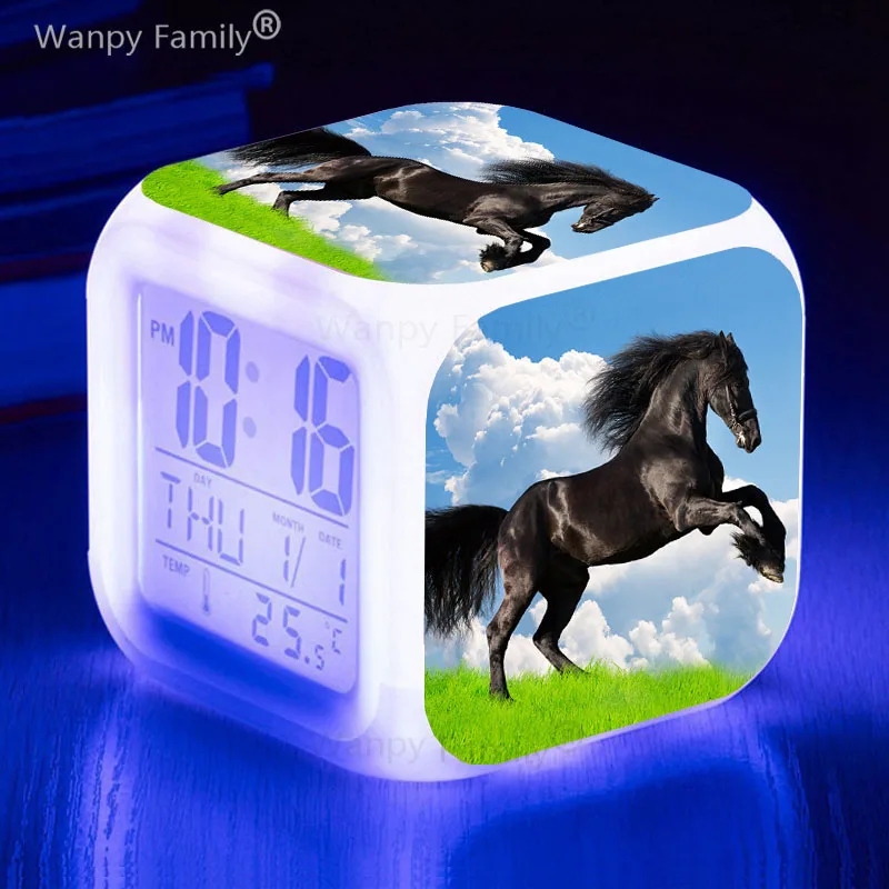 7 Color Changing Black Horse LED Digital Alarm Clock Boys Girls Gifts Students Bedroom Portable Desk Clock with Thermometer