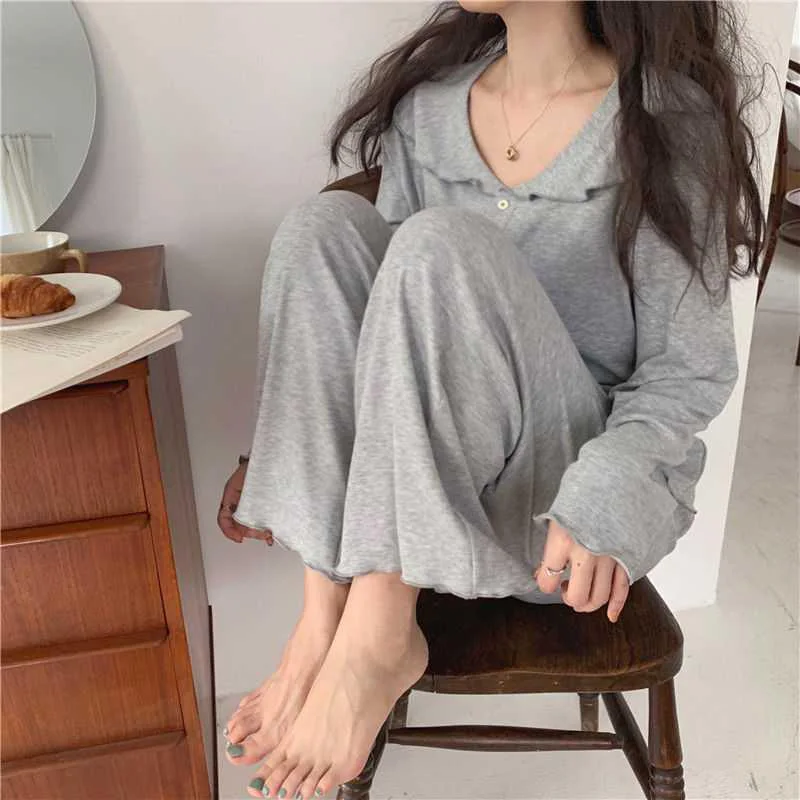 Single Breasted Shirts + Trousers Soft Pajamas Set Solid Navy Collar Simple Home Wear Summer Night Home Suit Loose Casual Blue