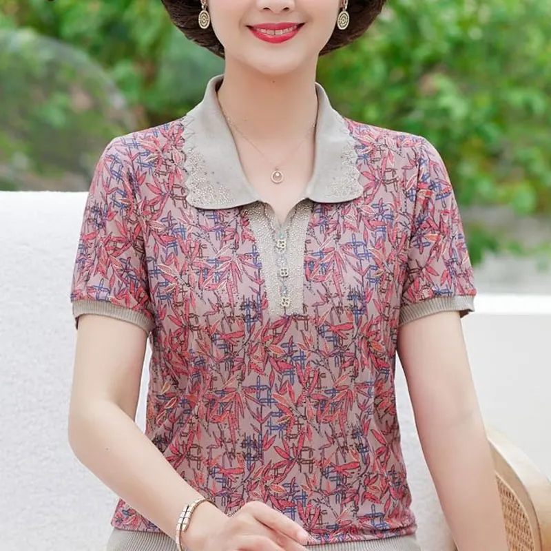 Vintage Broken Flowers Printed Shirt Summer Short Sleeve Fashion Diamonds Commute Female Clothing Lapel Casual Spliced Blouse
