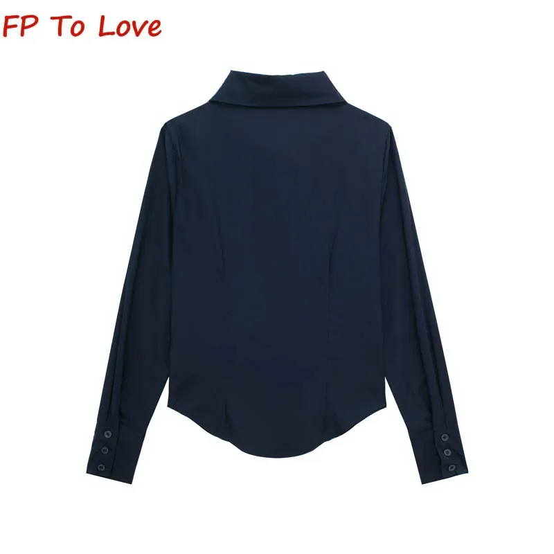 Camicia a maniche lunghe con cravatta abbinata in stile College blu Cardigan peplo camicetta bianca con risvolto top monopetto