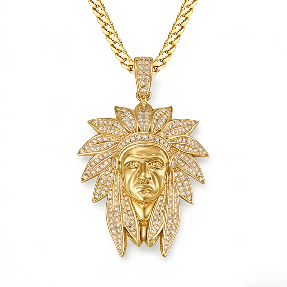 

VANAXIN Hip Hop Indian Chief Pendant Necklace for Men Cubic Zirconia Iced Out 14k Gold Plated Brass Material Jewelry