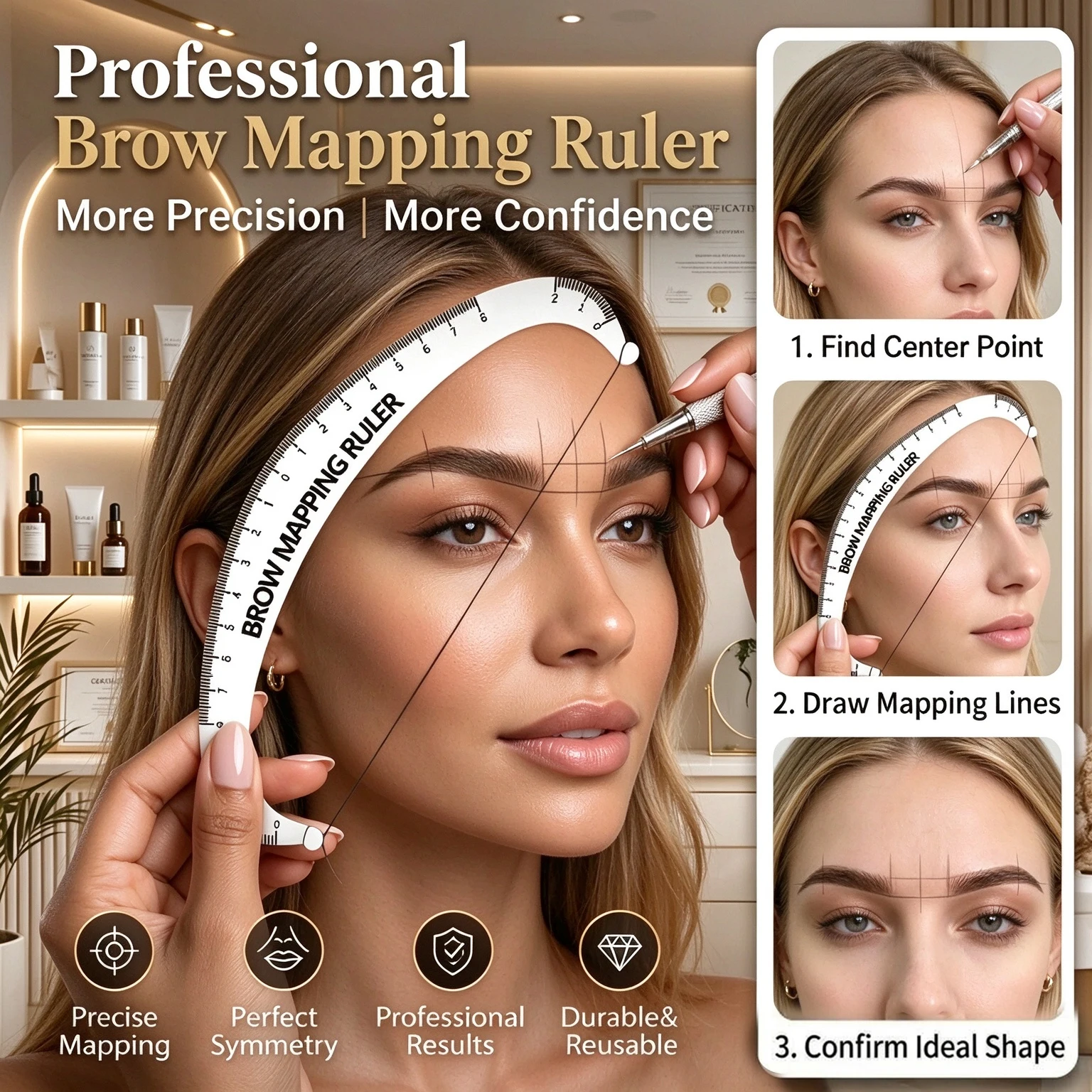 Acrylic Eyebrow Mapping Ruler with String, Microblading PMU Permanent Makeup Tattoo Symmetry Shaper Caliper Measurement Stencils