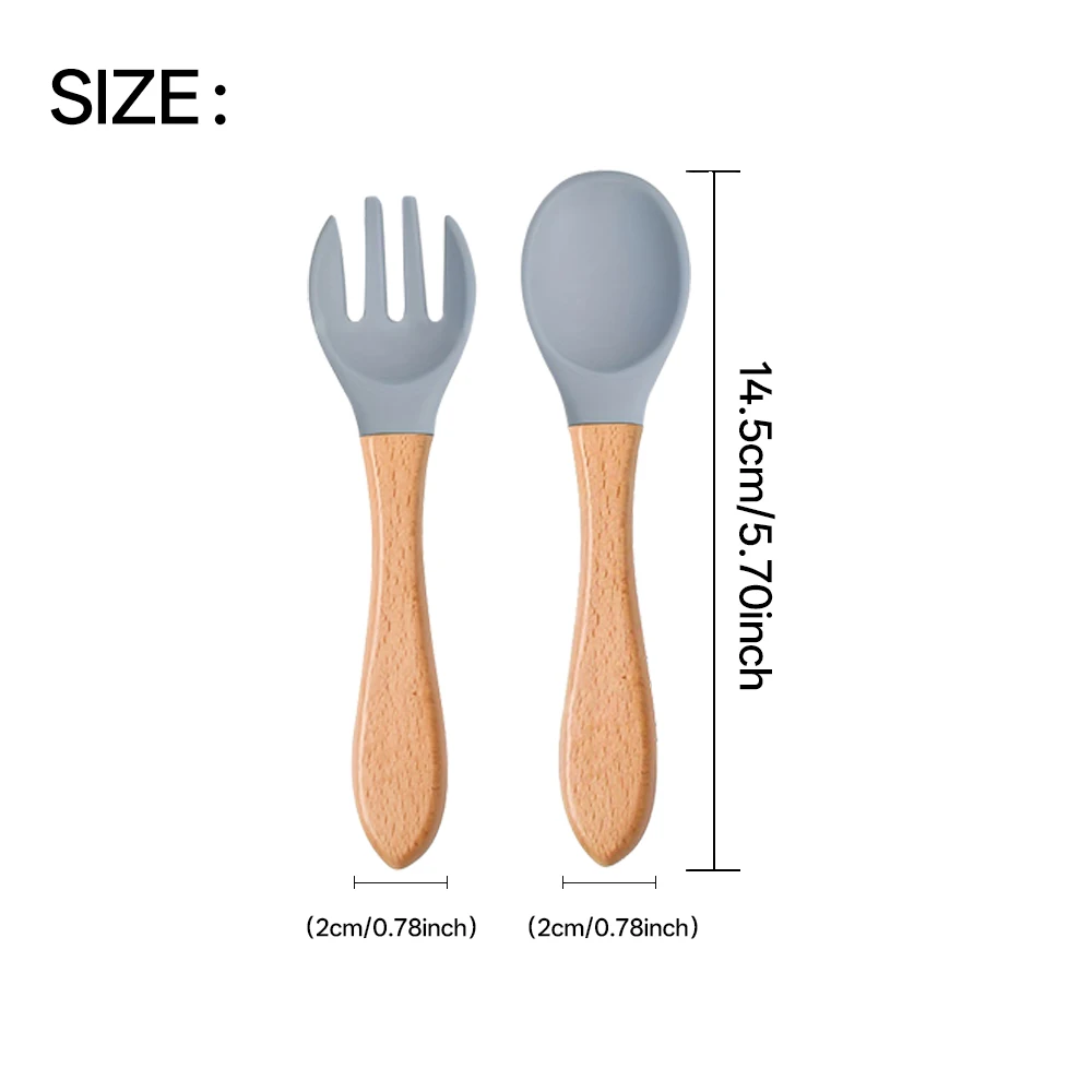 2 baby silicone spoons, children's wooden handle spoon fork, easy to clean, dishwasher washable, simple heat-resistant baby food