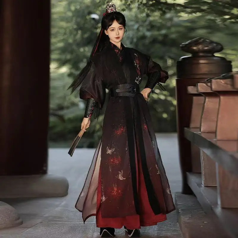 

Cool Stylish Song Dynasty Black Red Hanfu Dress Set Men Women Ancient Gradient Printing Costume Niche Swordsman Cosplay Clothing