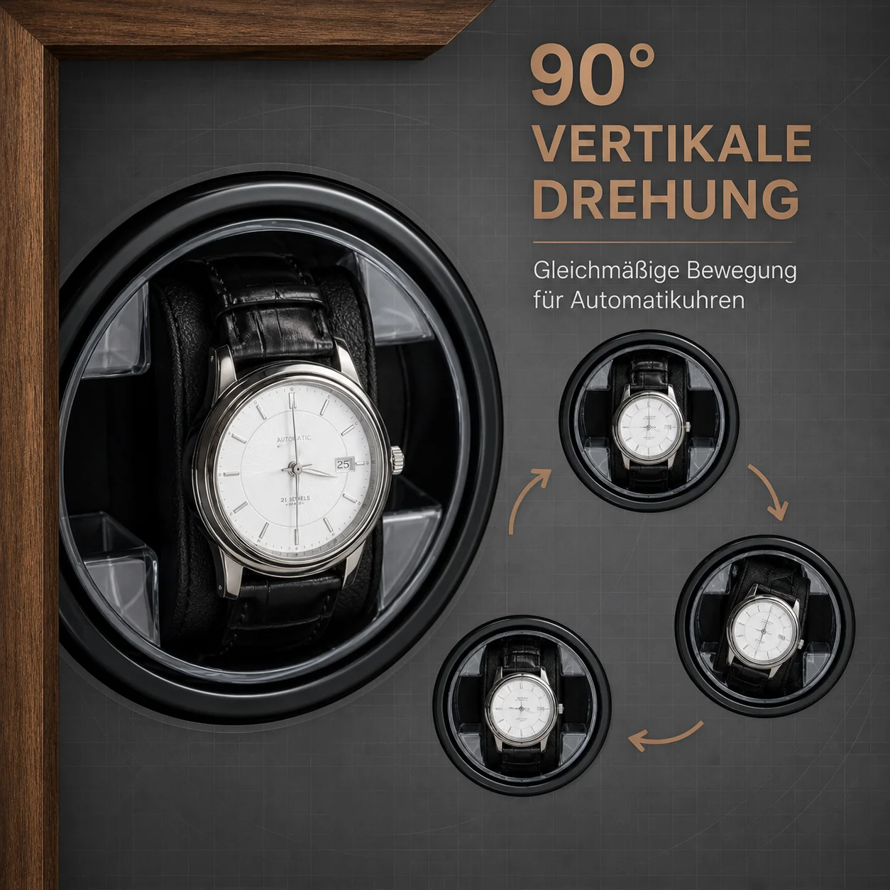 Blossom Watch Winder 2/4 Slots, Quiet Motor, 90° Vertical Rotation, Anti-Magnetic Walnut Grain PET Box with Tempered Glass