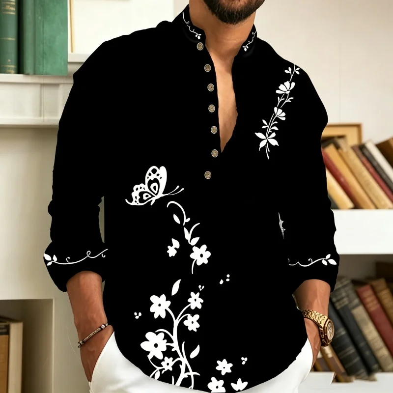 

Men's shirt Henry collar long sleeved shirt fashionable butterfly floral print breathable loose vacation casual men's top XS-6XL