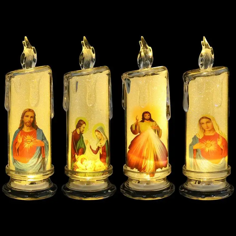 4pcs Jesus Catholic Christian Religious Ceremony Virgin Electronic Flameless LED Religious Candless Light Decoration