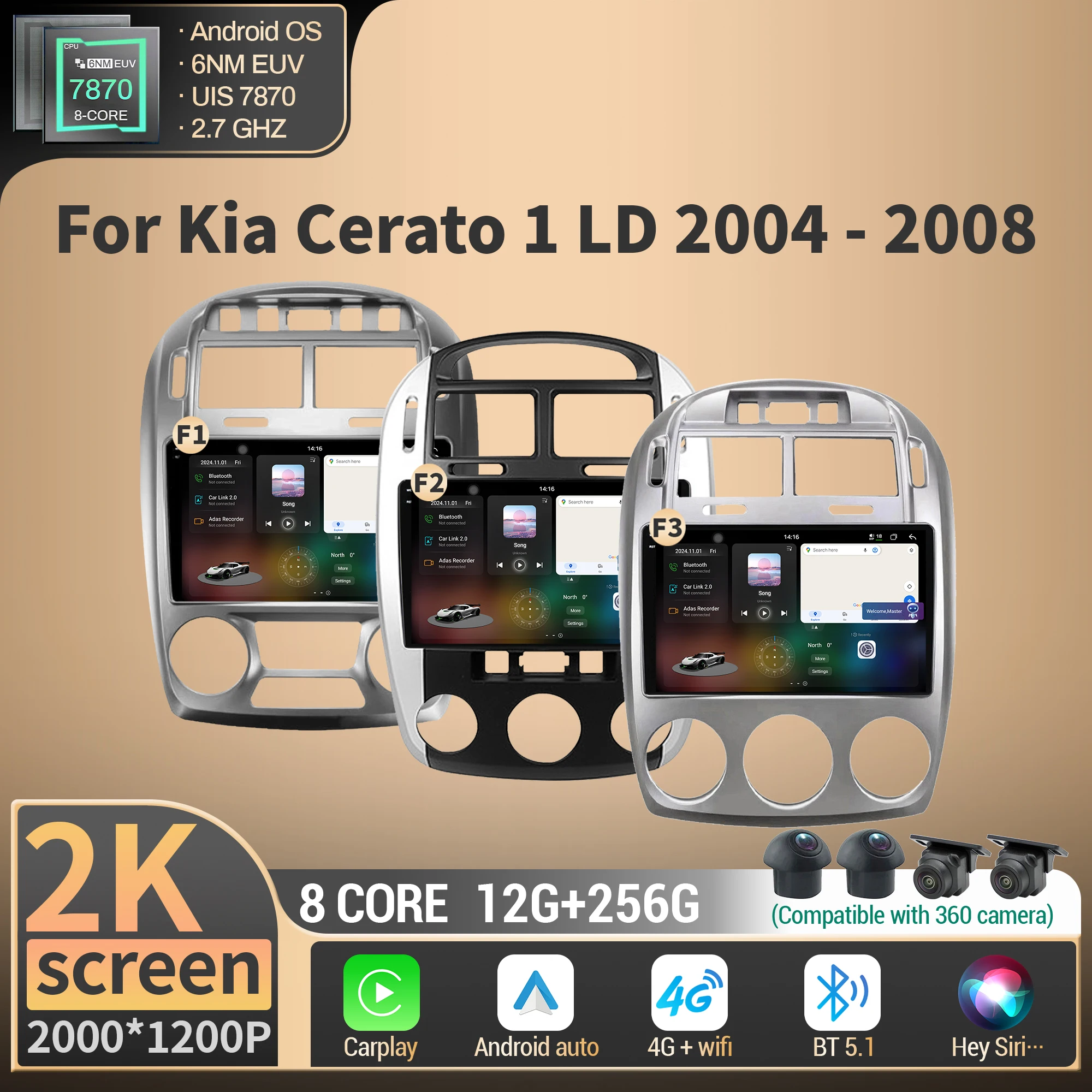 

For Kia Cerato 1 LD 2004 2005 2006 2007-2008 Car Radio Wireless BT CarPlay Android 4G GPS Multimedia CPU 7870 2K QLED Screen
