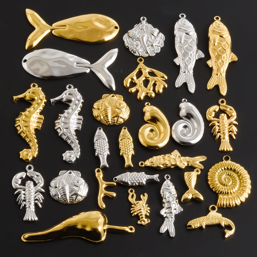 5Pcs Stainless Steel Ocean Animal Conch Shell Starfish Shark Fish Pendant Jewelry Trendy Sea Mermaid Tail Turtle Colgantes Bulk