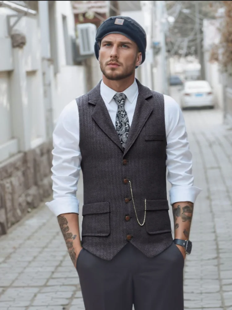 Men Herringbone Textured Single‑Breasted Waistcoat Notched Lapel with Chain Slim‑Fit Vest for Wedding Banquet Daily Business