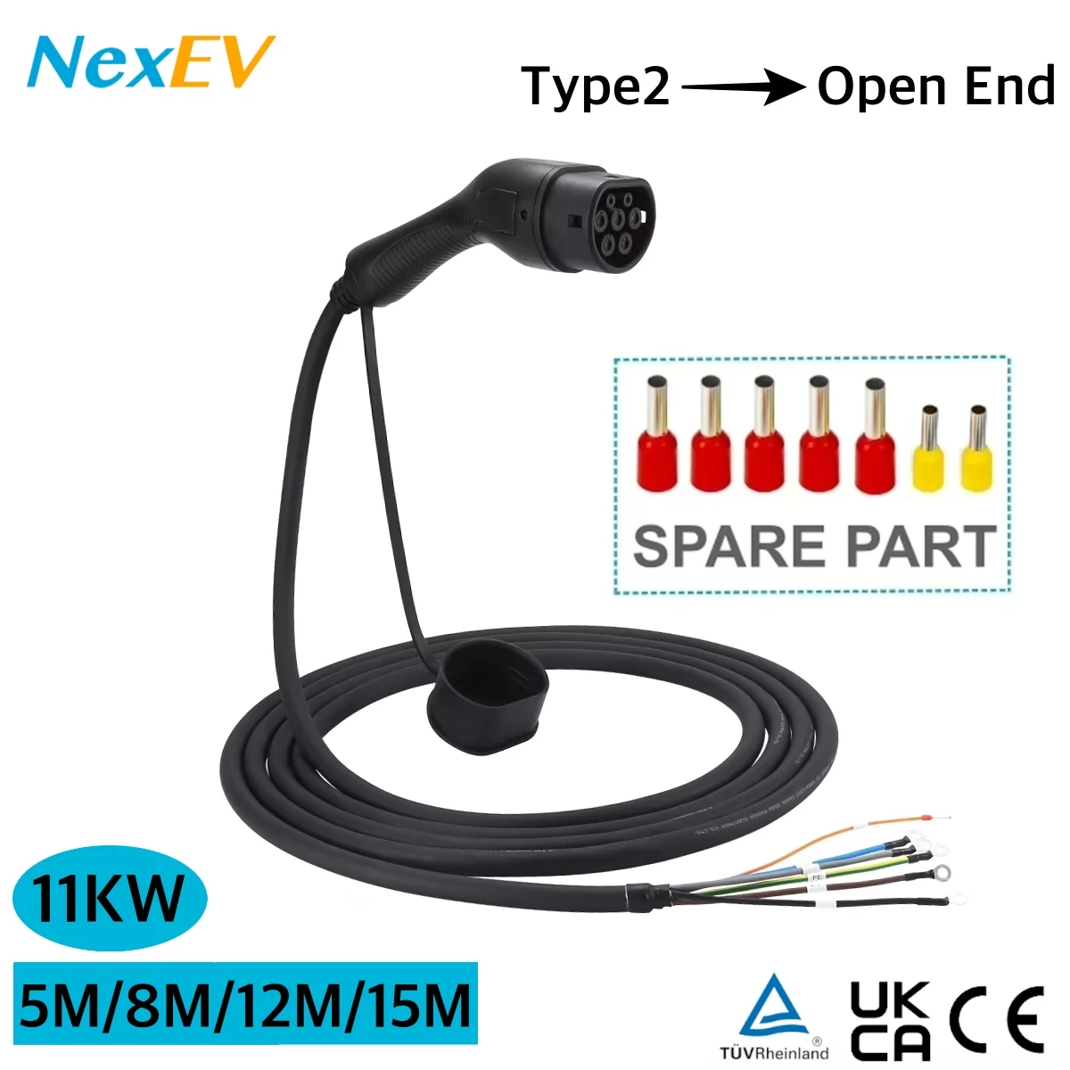 NexEV 11kW 3-Phasen 16A Typ2 auf offenes Ende EV-Ladekabel Ersatz-EV-Kabel für festverdrahtete Wallbox-Ladestationen, geeignet für private Parkplätze, 5M 8M 12M 15M, TÜV-GS CE UKCA zertifiziert