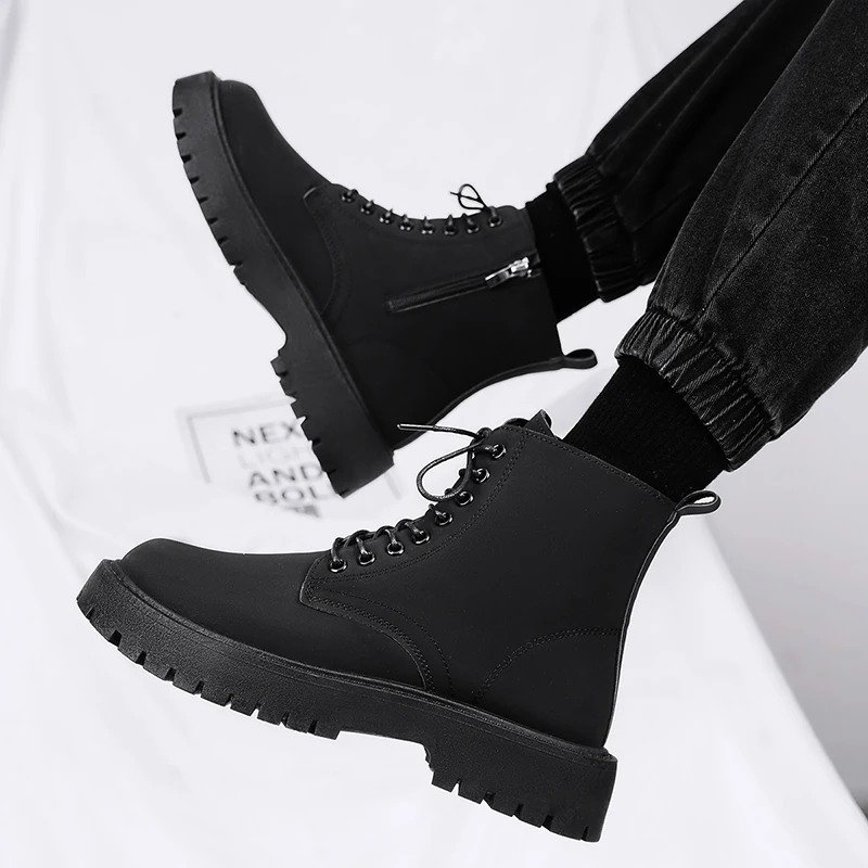 Men's Boots High Top Leather Boots Couple Outdoor Casual Shoes British Style Black Ankle Boots Platform Lace Up Motorcycle Boot