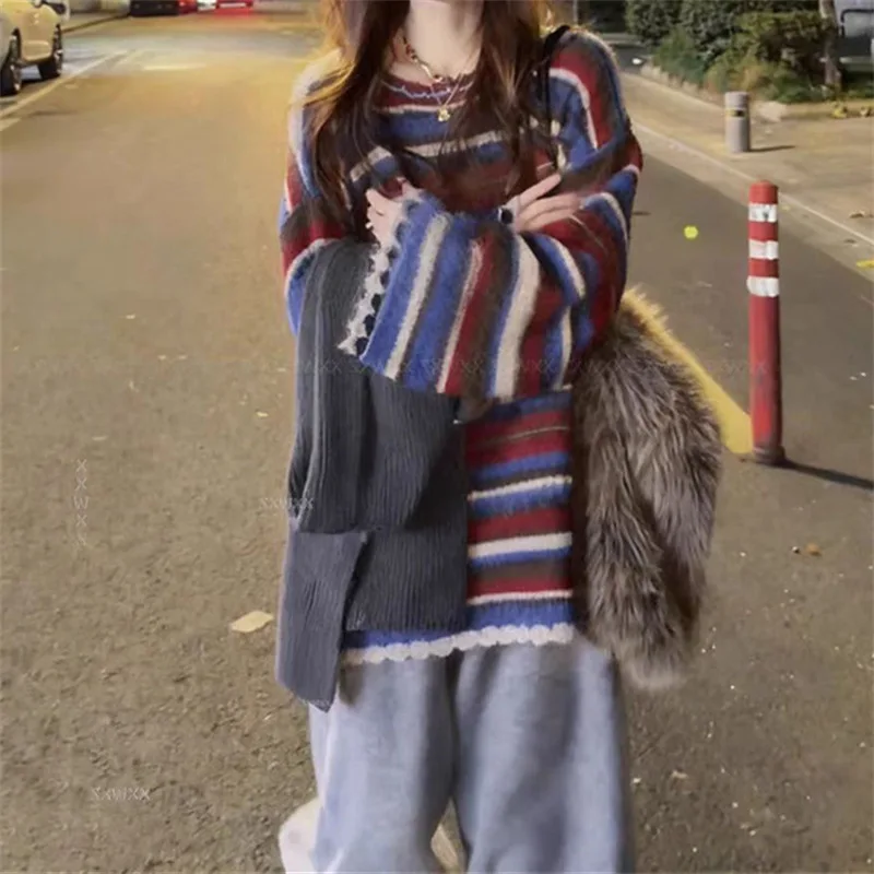 Multicolor Stripe Jacquard Knit Pullover Women Round Neck Long Sleeve Oversized Warm Sweater