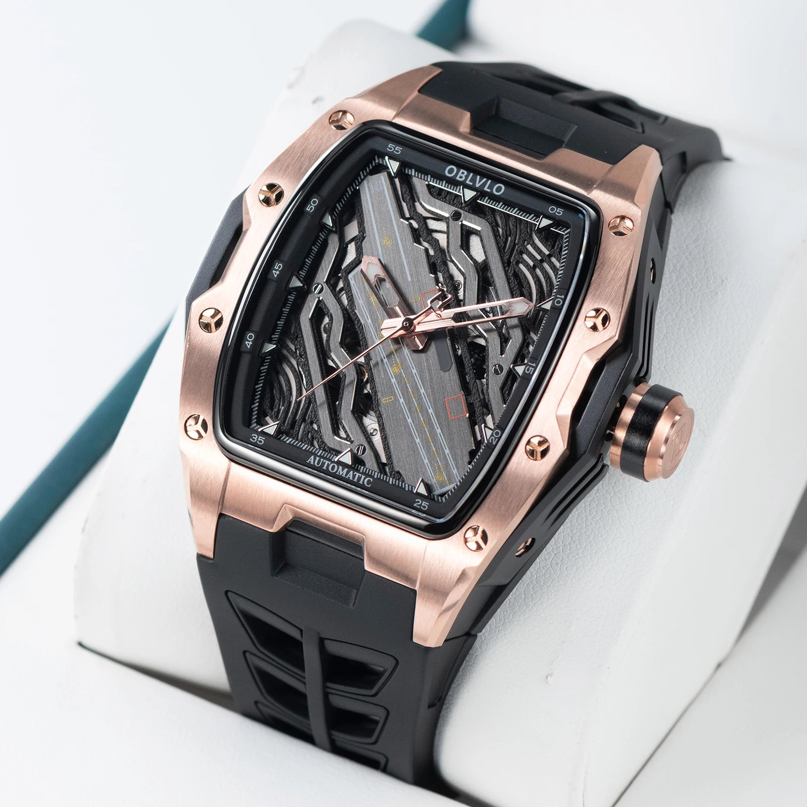 

Мужские автоматические часы OBLVLO Tonneau Miyota из розового золота, водонепроницаемые, с искусственным сапфировым стеклом, резиновым ремешком, механические, ZM-CR