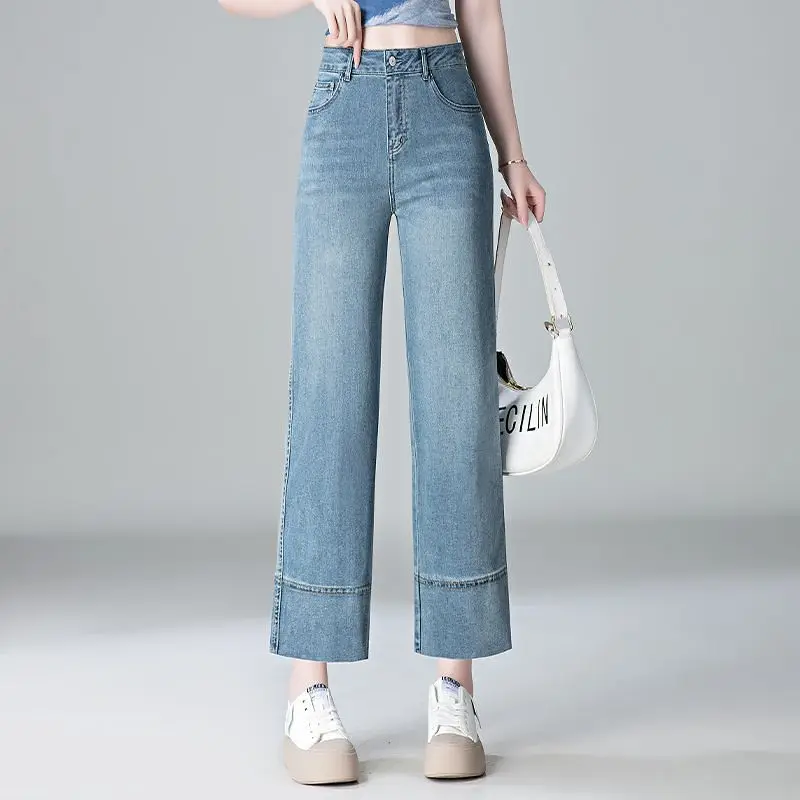 

High Waist Wide Leg Jeans Women's Light Blue Straight Cut Summer New Loose Slimming Nine-Piece Pants Trendy Cotton Blend
