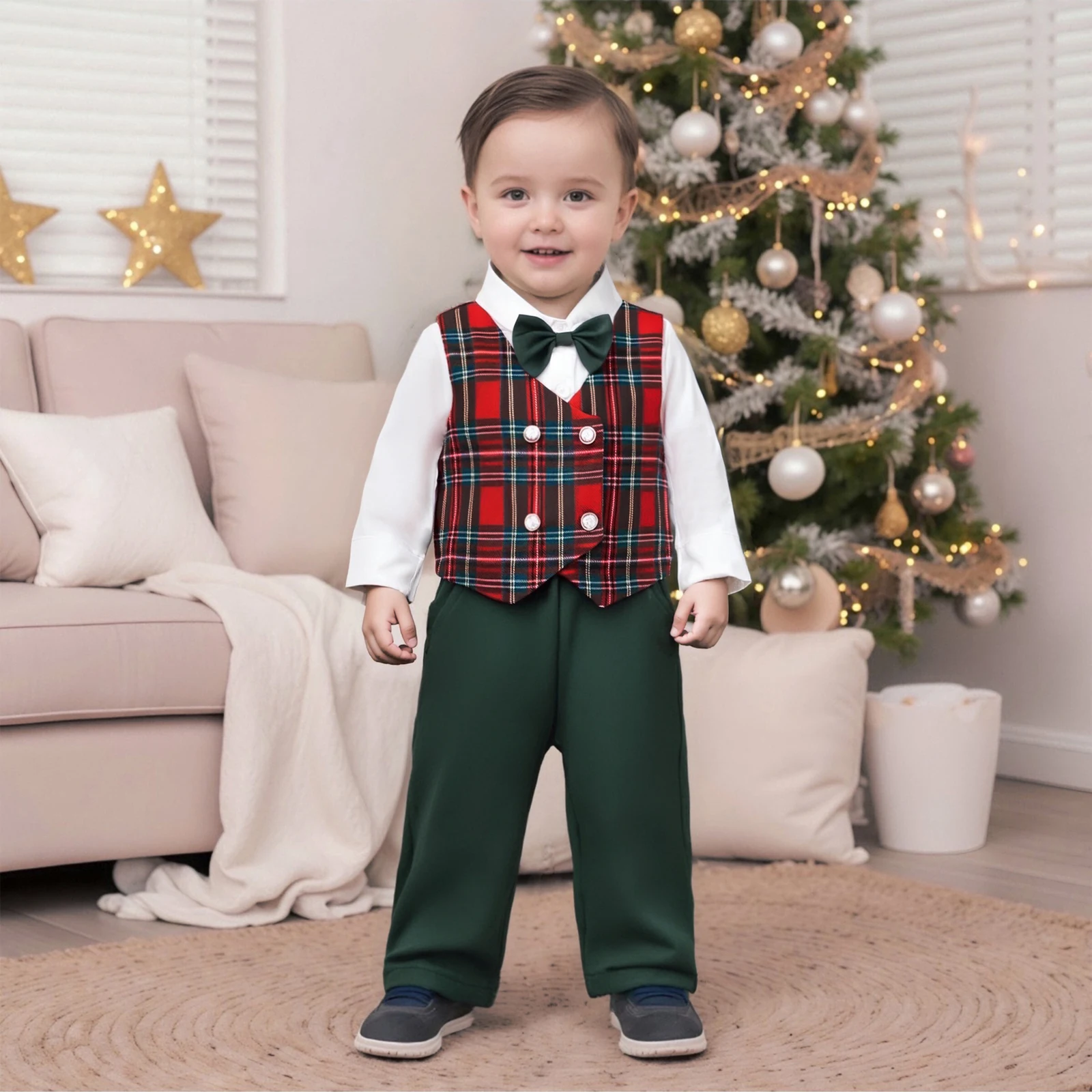 Toddler Boy Gentleman Outfit Christmas Button up Shirt with Bow Tie Plaid Vest Elastic Pants Set Boys Formal Wear Clothes