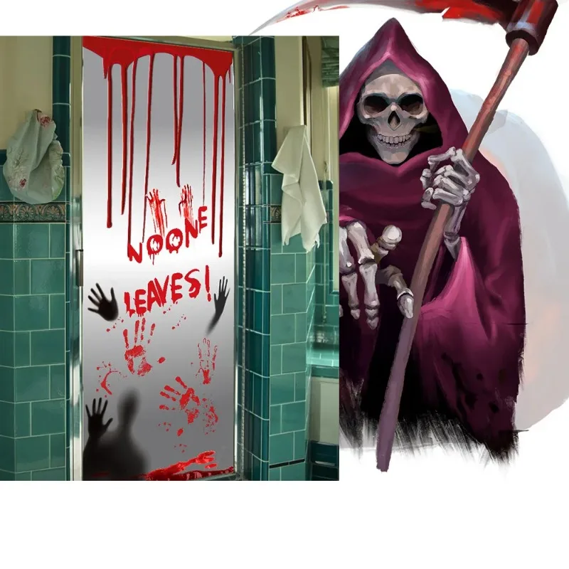 Halloween Blood Fingerprint Door Stickers Ghost Festival Haunted House Decoration Door Decals Shopping Mall Bathroom Party Decor