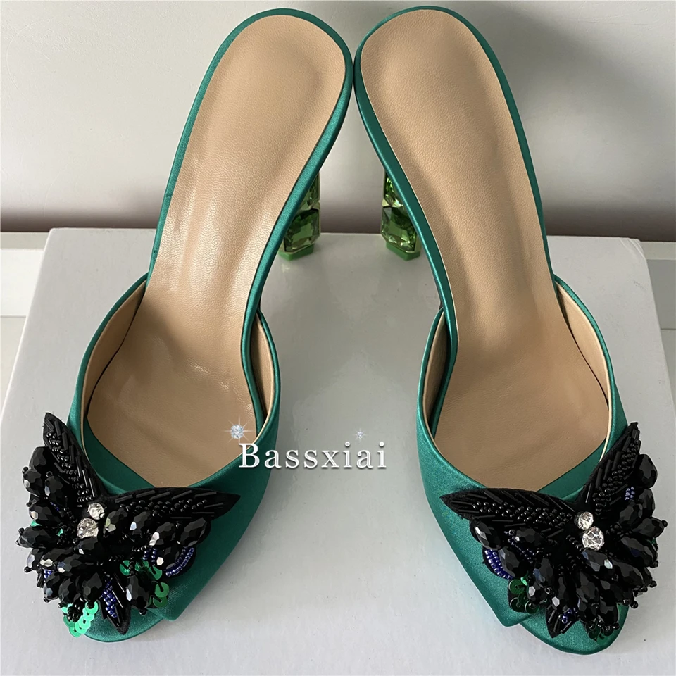 Crystal Sequins Beads Butterfly-Flower Sandals Women Luxury Satin Slingbacks Diamond Rhinestone Strange Heel Summer Mules