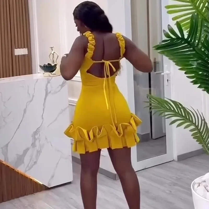 Sexy Spaghetti Strap V-neck Party Mini Dresses Woman Night Club Sleeveless Sheath Backless Ruffles Hem Bodycon Dress Birthday