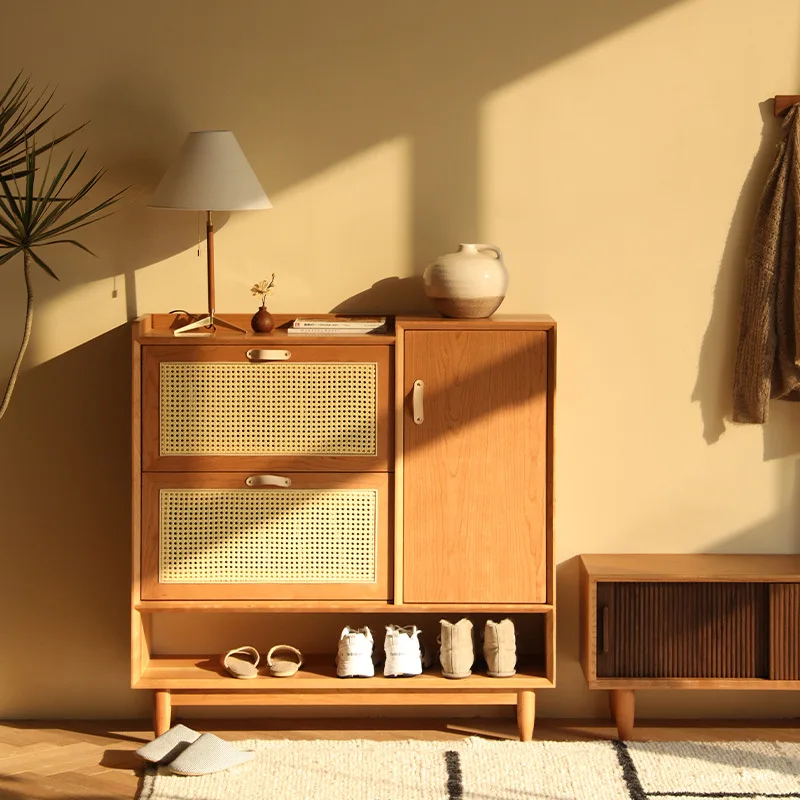 Nordic Japanese-style rattan woven solid wood shoe cabinet, cherry wood entrance entrance shoe changing cabinet, locker
