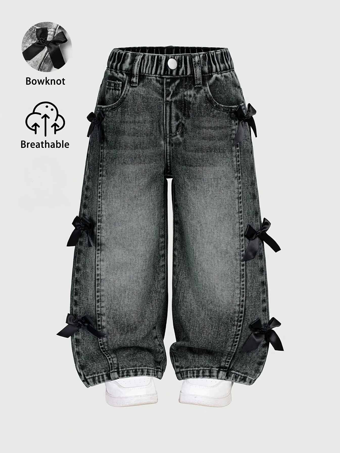 

Y2K Wide Leg Denim Pants for Girls Black Butterfly Knot Decorated Versatile Comfortable for Daily Full Elastic Waistband