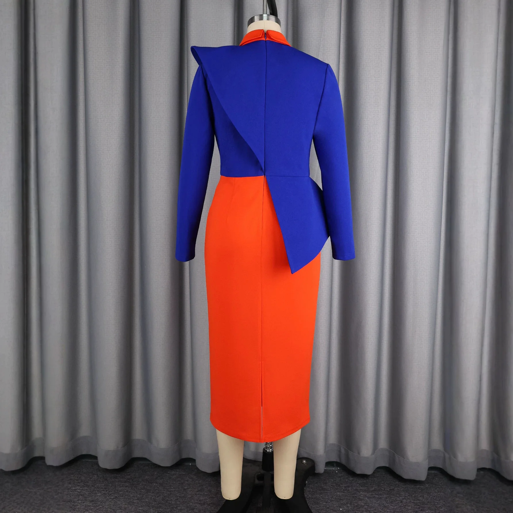 Africa Women Dress Colorblock Bodycon Contrast Collar Long Sleeve Asymmetric Peplum Waist Formal Office Church Business Occasion