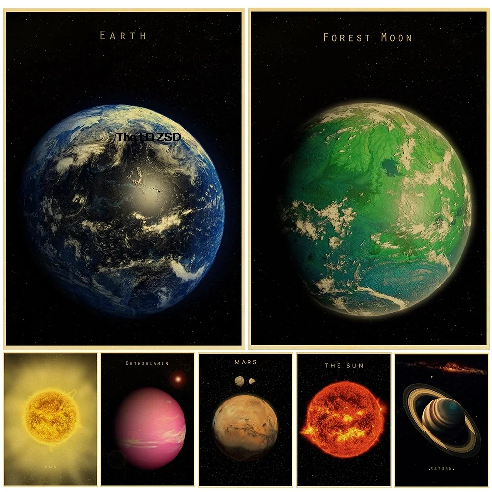 Planets and Universe Retro Space Mars Venus Moon Posters Ramen Decoration Vintage Room Cafe Art Wall Painting Home  Decor