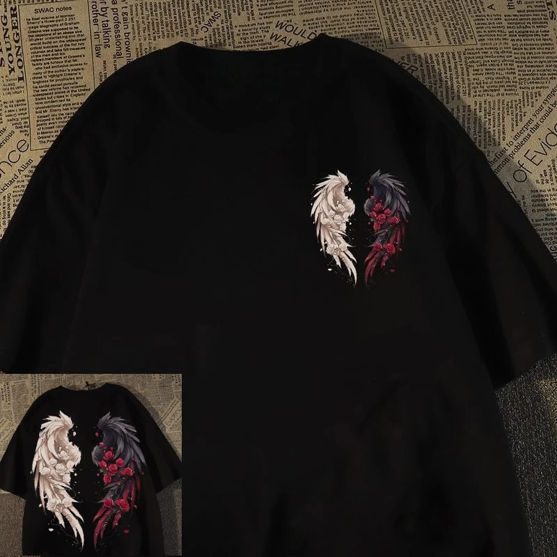 

European and American Style High Street Rose Wings Printing Pure Cotton Round Neck Short Sleeve Oversize Trendy Top T-shirt