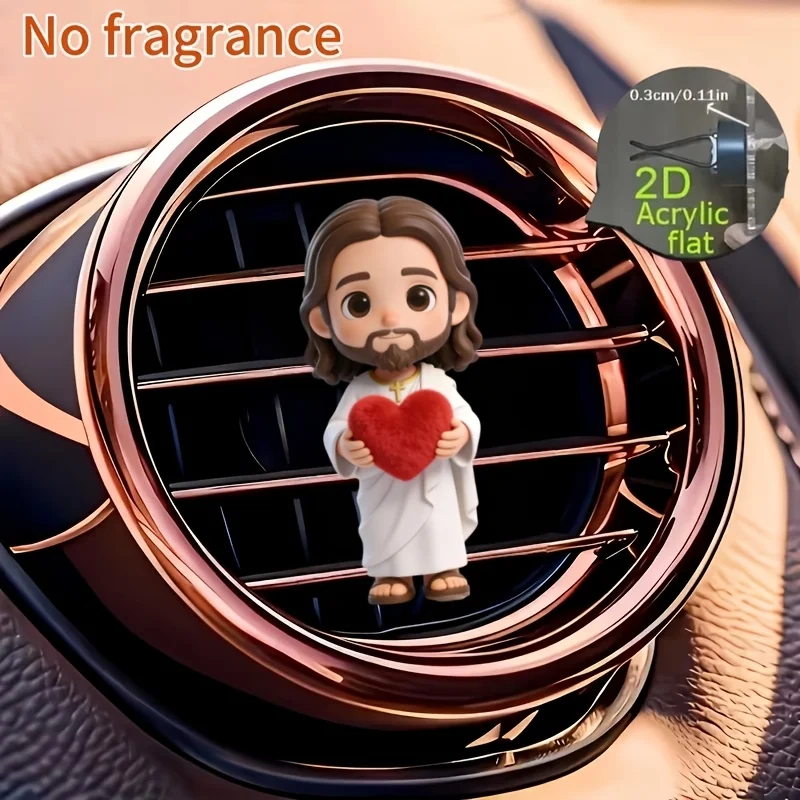 1pc Jesus holding love pattern car out of trend clip decoration,  with double odorless sponge tablets, no fragrance source, 2D flat acrylic luxury cartoon decorations, fashionable car interior accessories, you can add your own fragrance