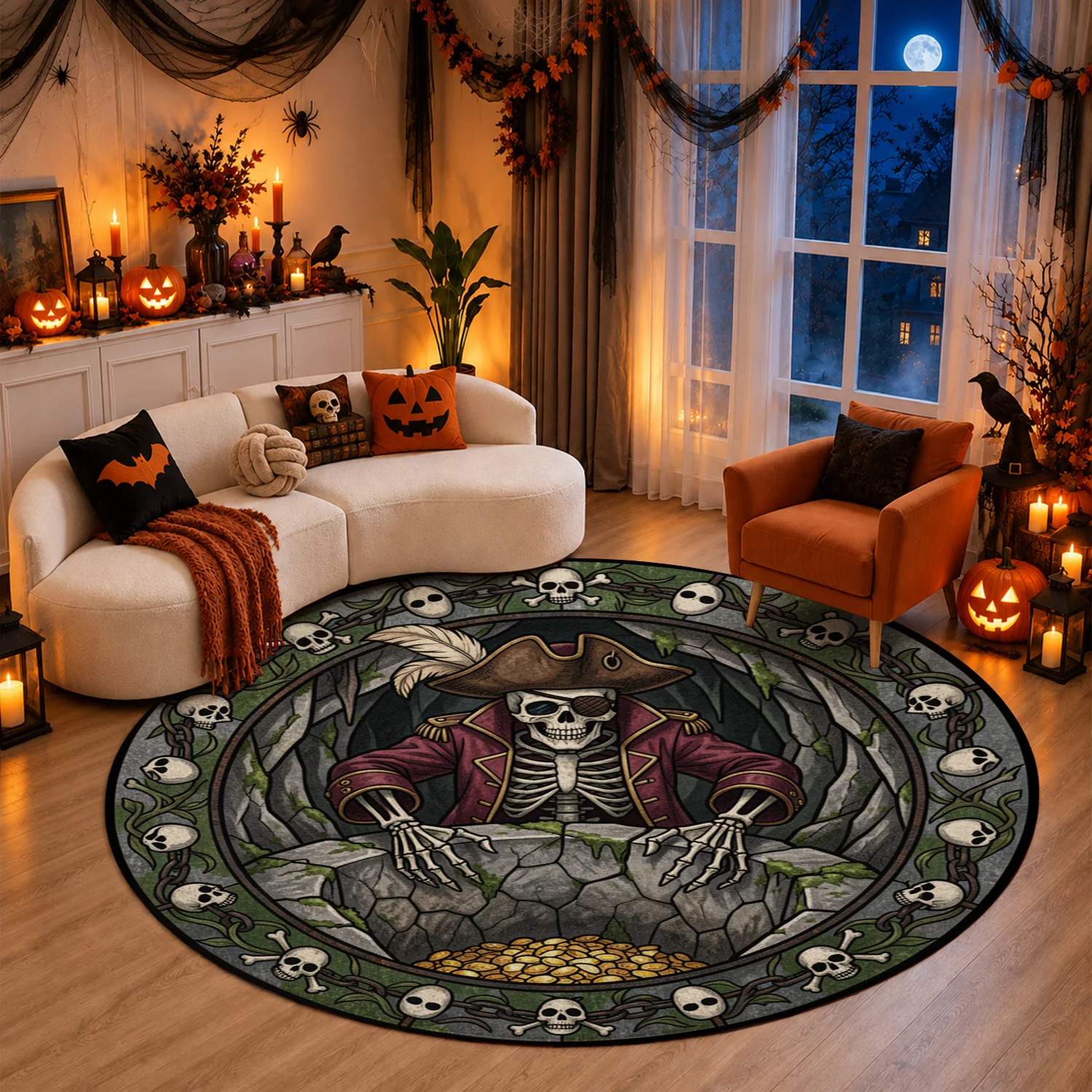 Pirate Skull Skeleton Design Round Velvet Rug Machine Washable in Living Room Bedroom Entryway Suitable for Halloween Thanksgiving Black Friday Christmas New Year