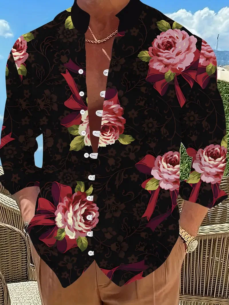 

Casual Men Linen Shirts New Print Button Shirt Fashion Stand Up Collar Loose Men's Shirts Streetwear Casual Beach.