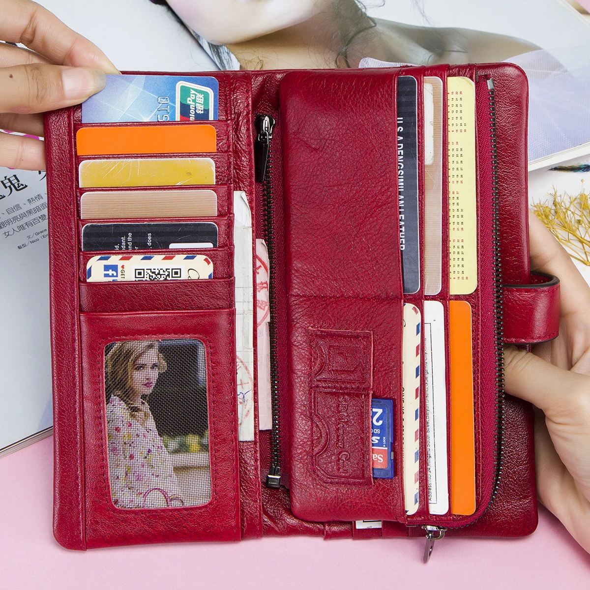 CONTACT'S 100% 本革財布女性用ロングコイン財布クラッチバッグ名入れカードホルダーマネークリップハンドバッグメンズ財布