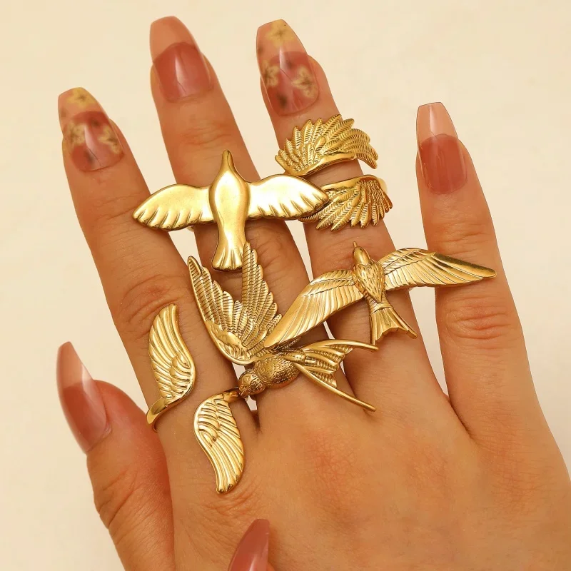 Stainless Steel 18k Gold Plated Vintage Stereoscopic Bird Shaped Rings for Women Waterproof Fashion Charm Jewelry Party