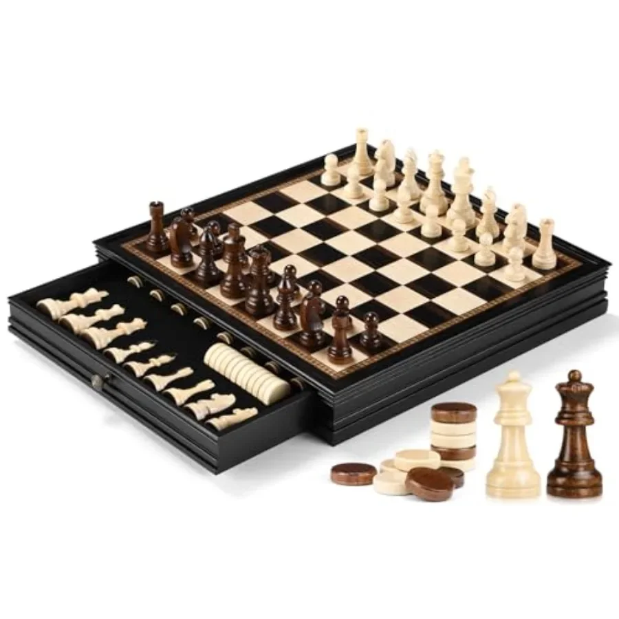 

Magnetic Chess and Checkers Set for home and travel, wooden board with natural finish, classic black and white pieces, strong m