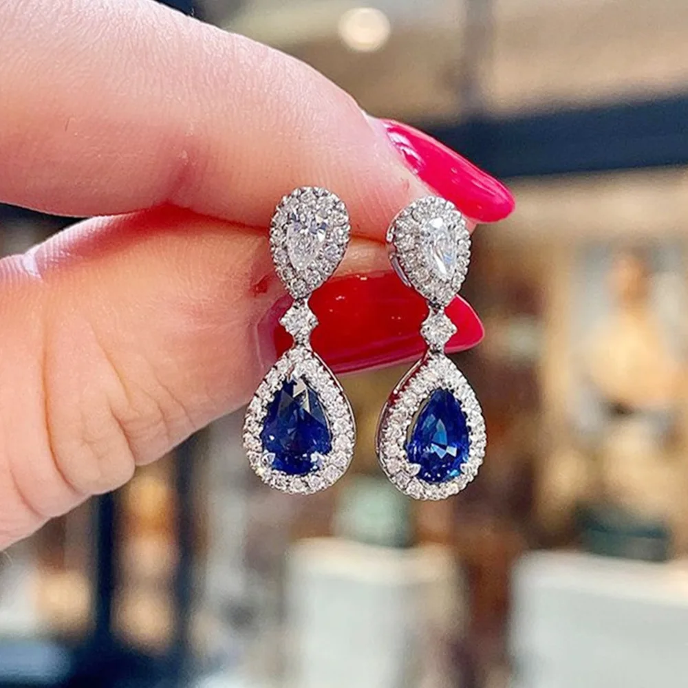 Pendientes de plata de ley 925 para mujer, aretes colgantes de pera azul/blanca, CZ, accesorios para las orejas de compromiso y boda