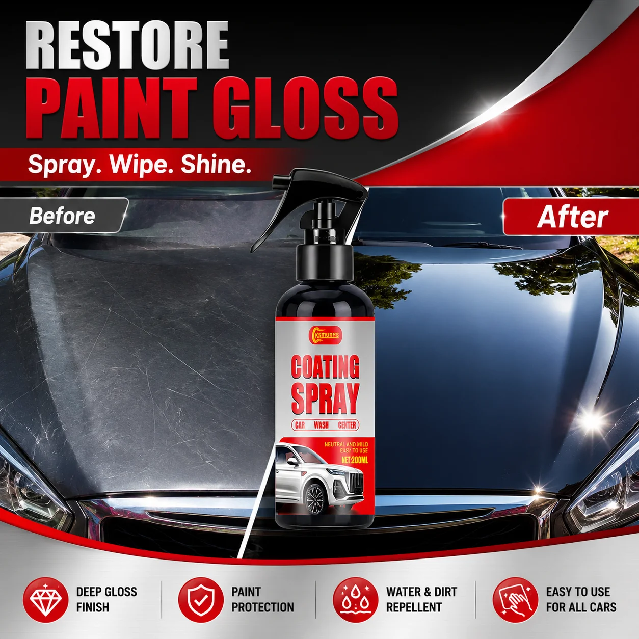 Car specific three in one nano coating spray - high-quality scratch resistant formula, high-definition bright surface effect, su