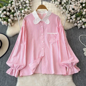 Clothland Women Sweet Striped Blouse Bell Sleeve Lace Patchwork Pocket Shirt Basic Office Wear Tops Blusa Mujer LB135