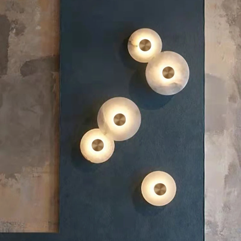 

Natural Stone Wall Lamp Gold Copper Round Marble Sconce Home Deco For Aisle Foyer TV Background Bedside Shop Office Lighting