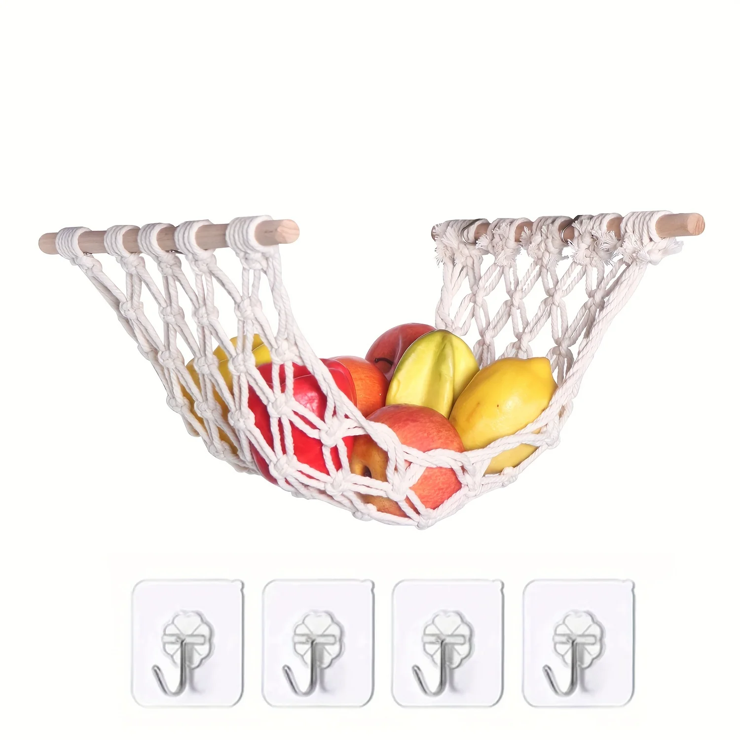 1Pc Fruit Hammock, Hanging Fruit Basket, Produce And Veggie Storage For Kitchen Under Cabinet, Macrame Boho Modern,With 4 Hooks