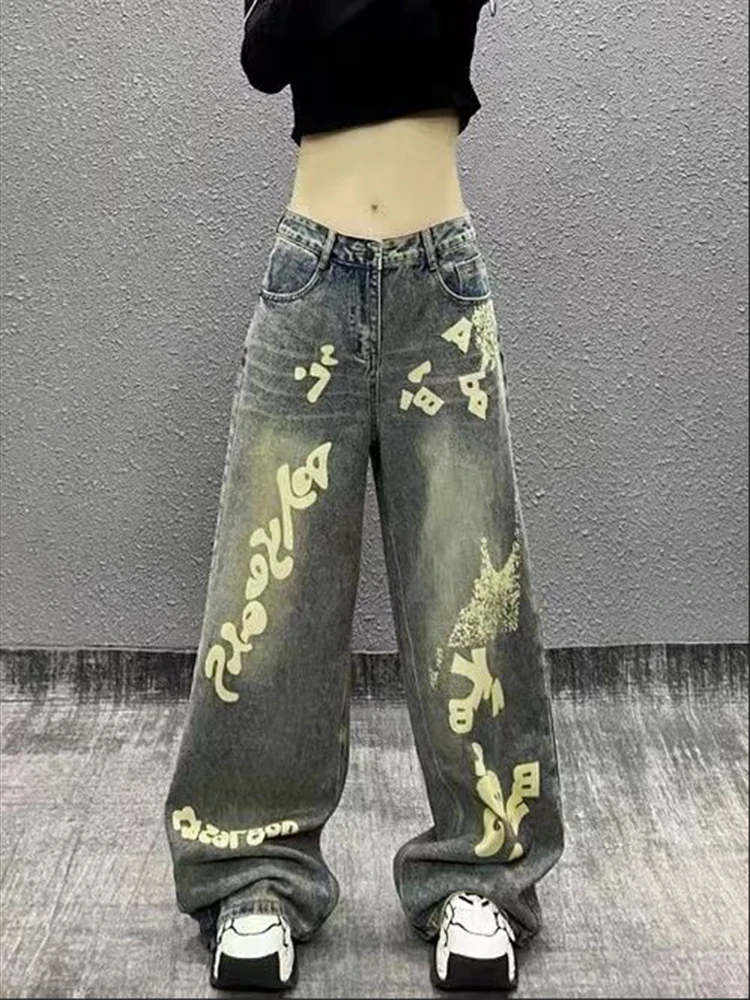 

Letters Contrasting Color Design Sense Distressed Jeans Women's New High-waisted Loose Versatile Autumn Wide-leg Pants