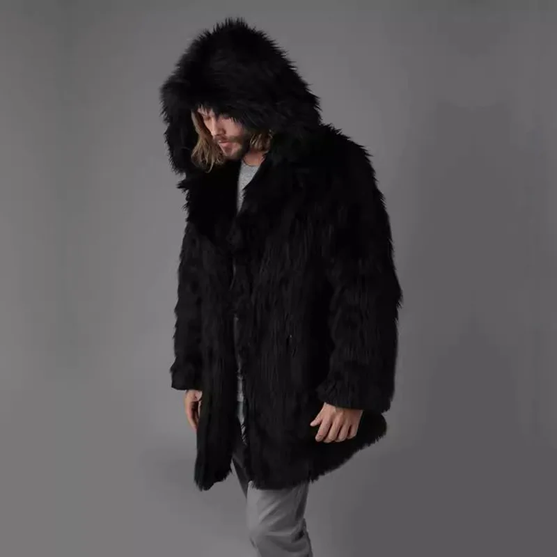 Autumn Winter Men Clothing Hooded Faux Fur Coat Brand High Quality Long Sleeve Windproof Windbreaker Thick Warm Fake Fur Coat